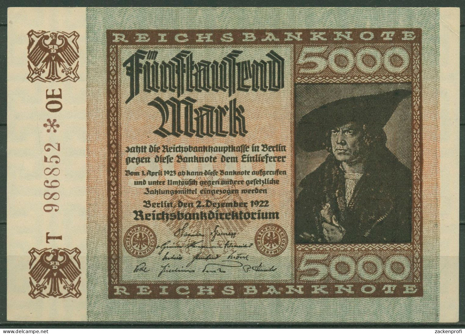 Dt. Reich 5000 Mark 1922, DEU-91b FZ OE, Fast Kassenfrisch (K1400) - 5000 Mark
