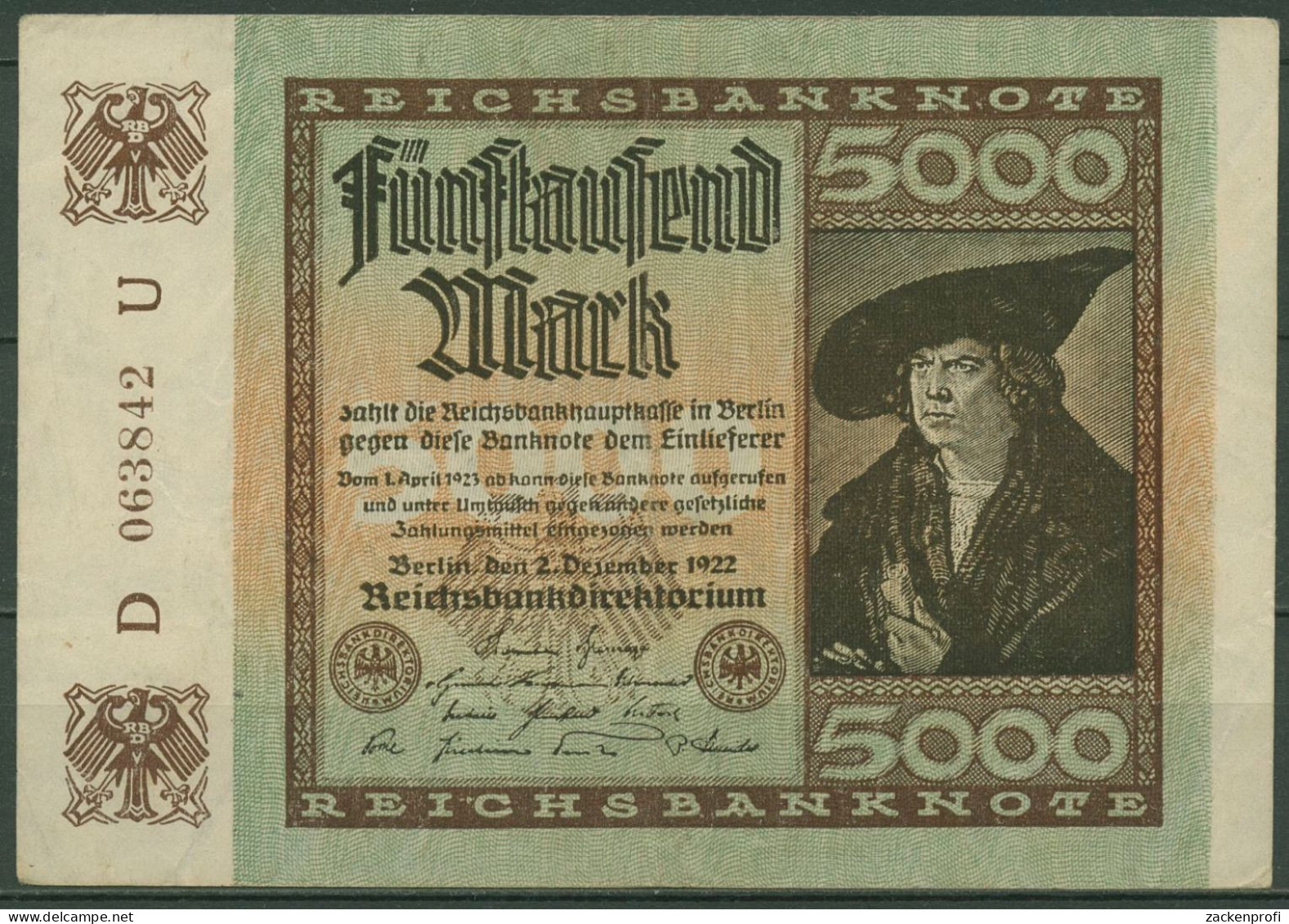 Dt. Reich 5000 Mark 1922, DEU-91f FZ U, Leicht Gebraucht (K1420) - 5000 Mark