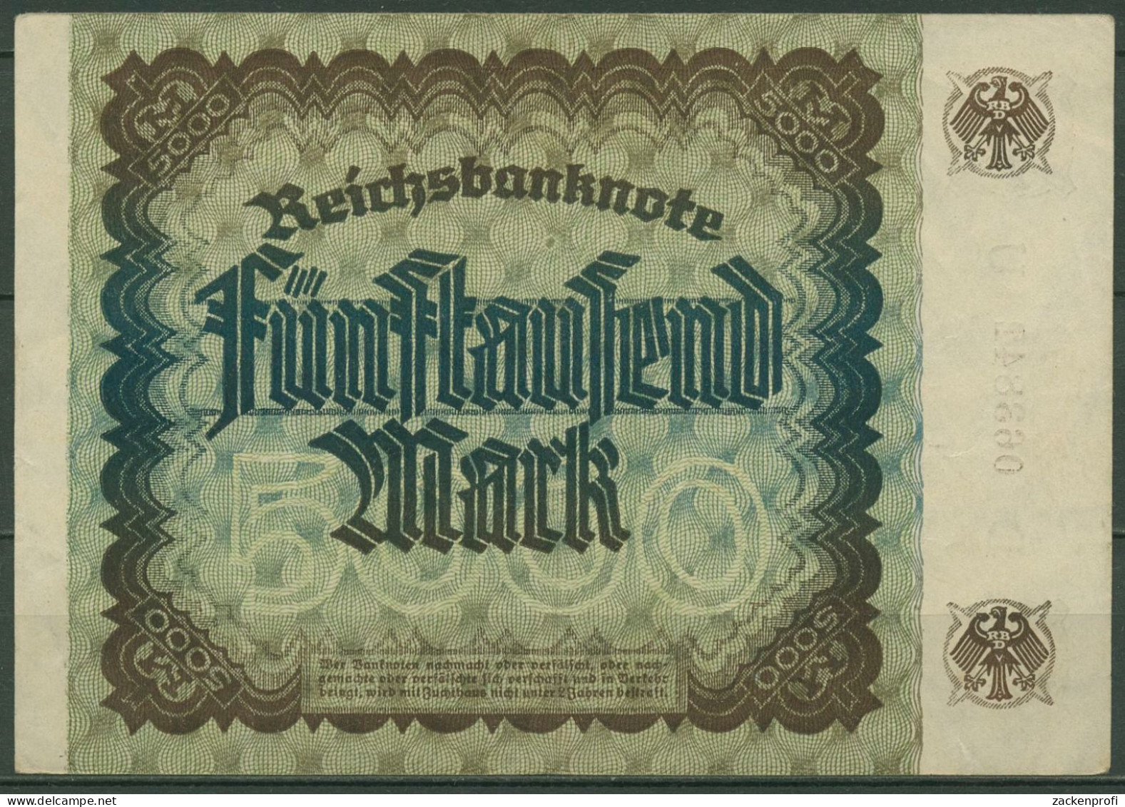 Dt. Reich 5000 Mark 1922, DEU-91f FZ U, Leicht Gebraucht (K1420) - 5.000 Mark