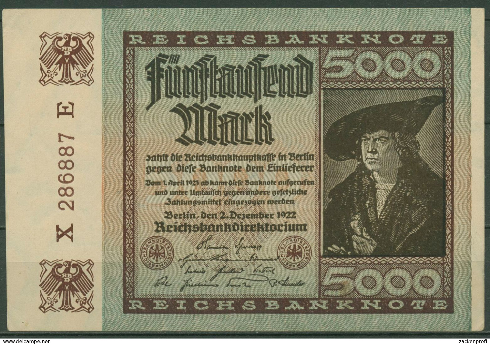 Dt. Reich 5000 Mark 1922, DEU-91f FZ E, Leicht Gebraucht (K1413) - 5000 Mark