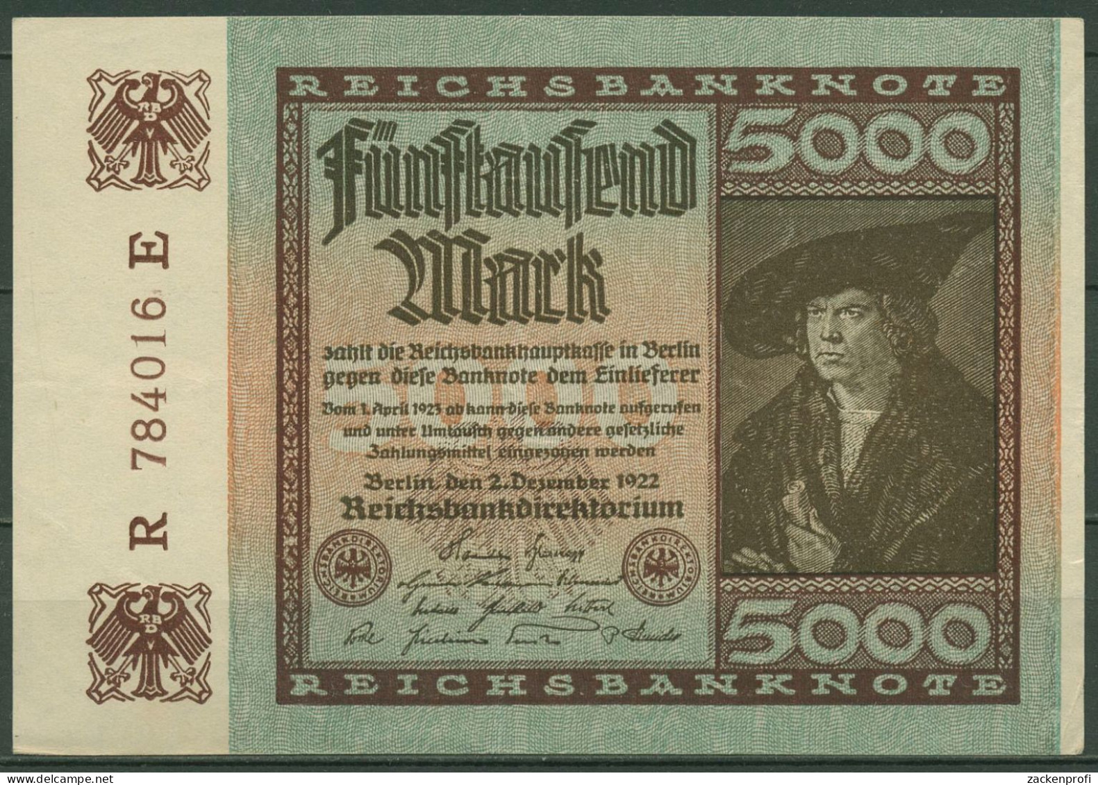 Dt. Reich 5000 Mark 1922, DEU-91d FZ E, Leicht Gebraucht (K1410) - 5000 Mark