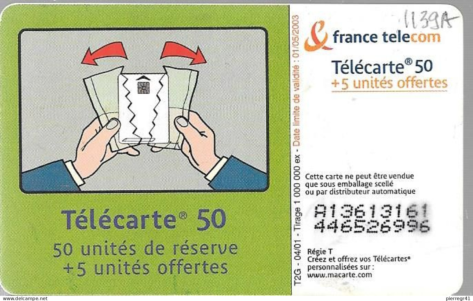 CARTE-PUCE-PUBLIC-F 1139A--50U-SO3-04/01-BATTERIE-V° Série A13613161-UTILISE-TBE - 2001