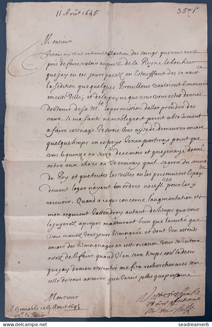 Lettre D'AOUT 1645 De GRENOBLE Pour PARIS Adréssée à MICHEL LE TELLIER Chancellier De LOUIS XIV Tres Fraiche & RRR !! - ....-1700: Precursores