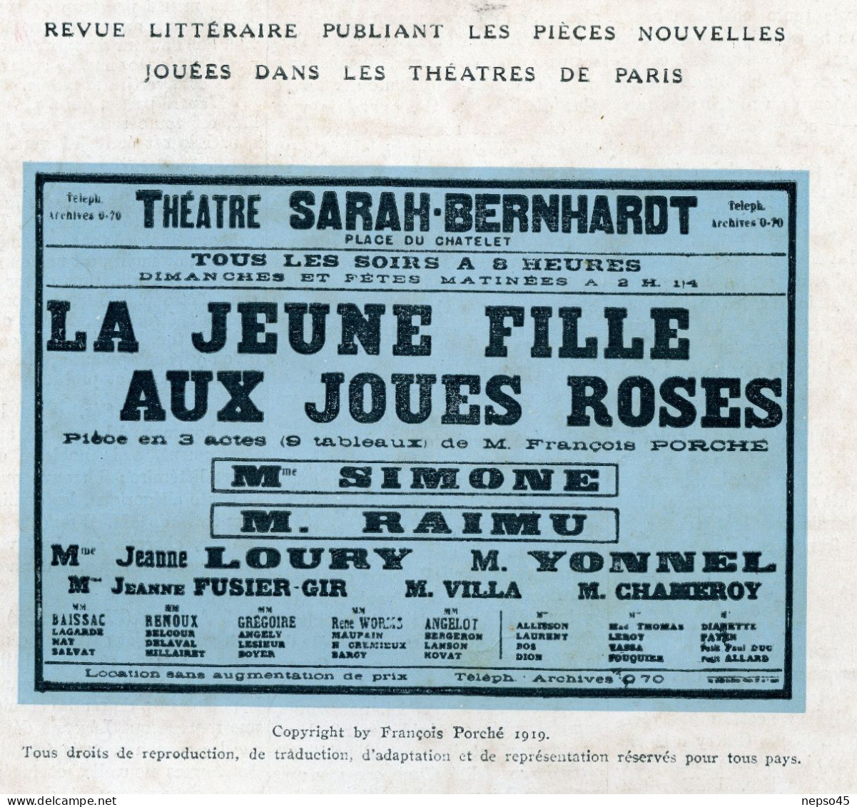 Théâtre Sarah-Bernhardt.1919.La Jeune Fille Aux Joues Roses De François Porché.Acteurs Mme Simone.M.Raimu. - Andere & Zonder Classificatie