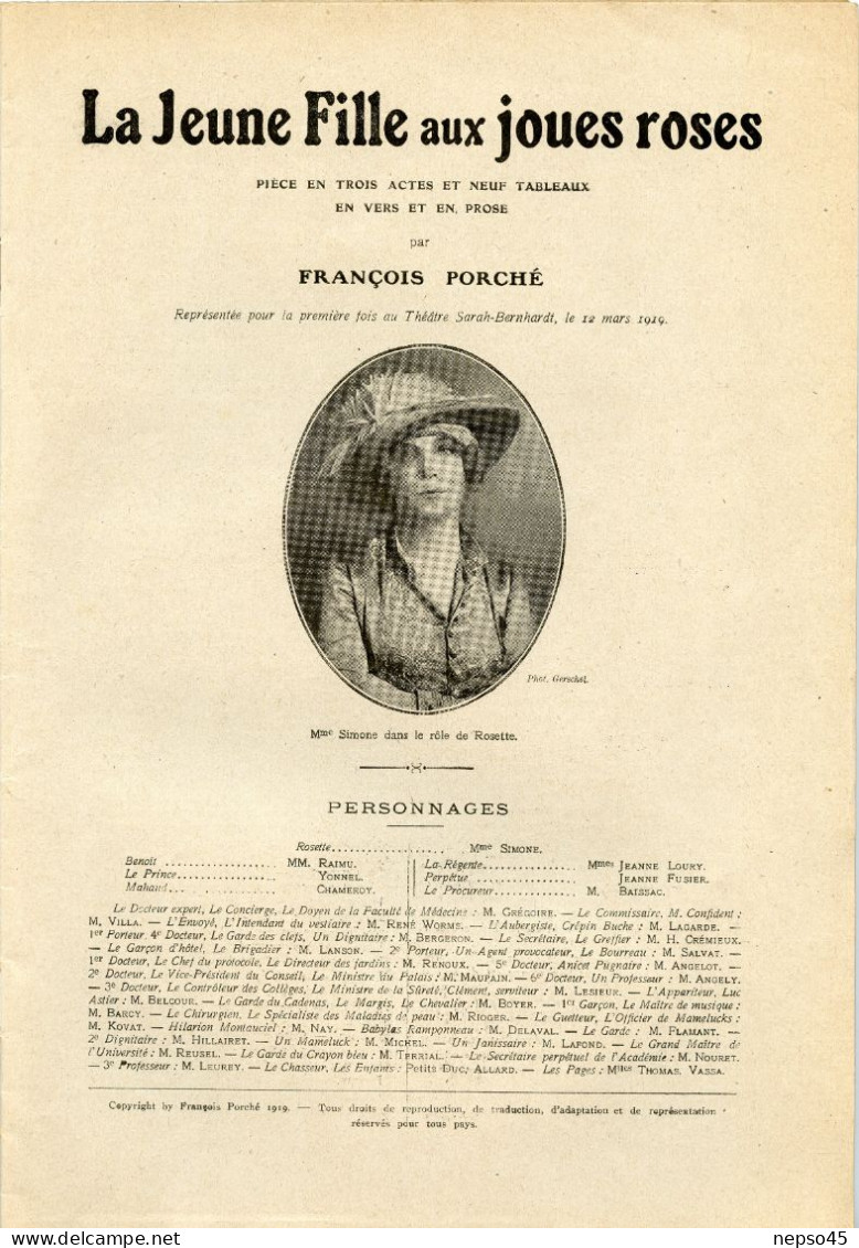 Théâtre Sarah-Bernhardt.1919.La Jeune Fille Aux Joues Roses De François Porché.Acteurs Mme Simone.M.Raimu. - Andere & Zonder Classificatie