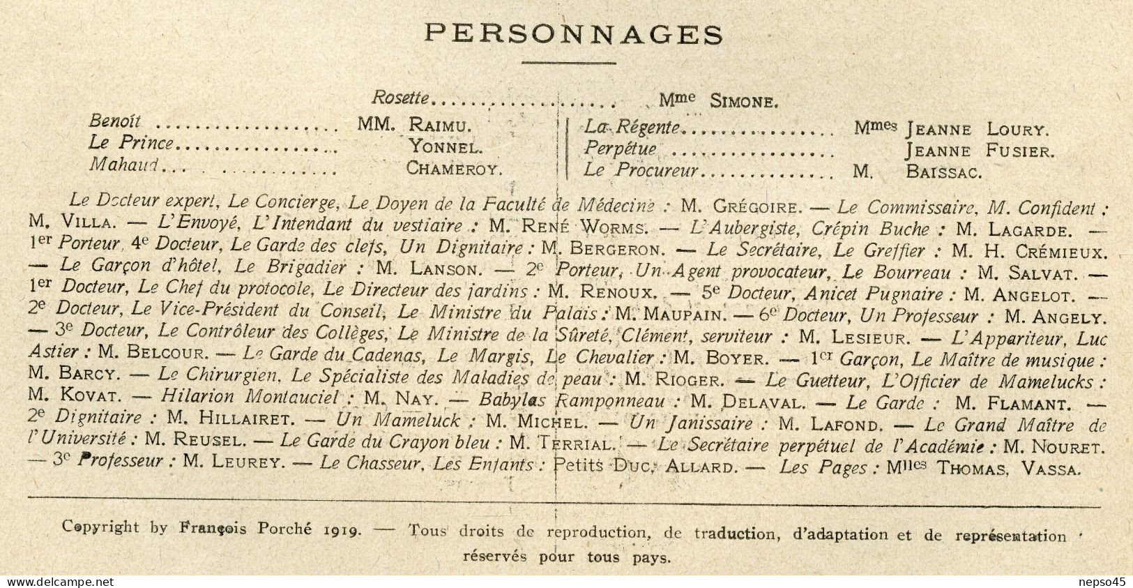 Théâtre Sarah-Bernhardt.1919.La Jeune Fille Aux Joues Roses De François Porché.Acteurs Mme Simone.M.Raimu. - Andere & Zonder Classificatie