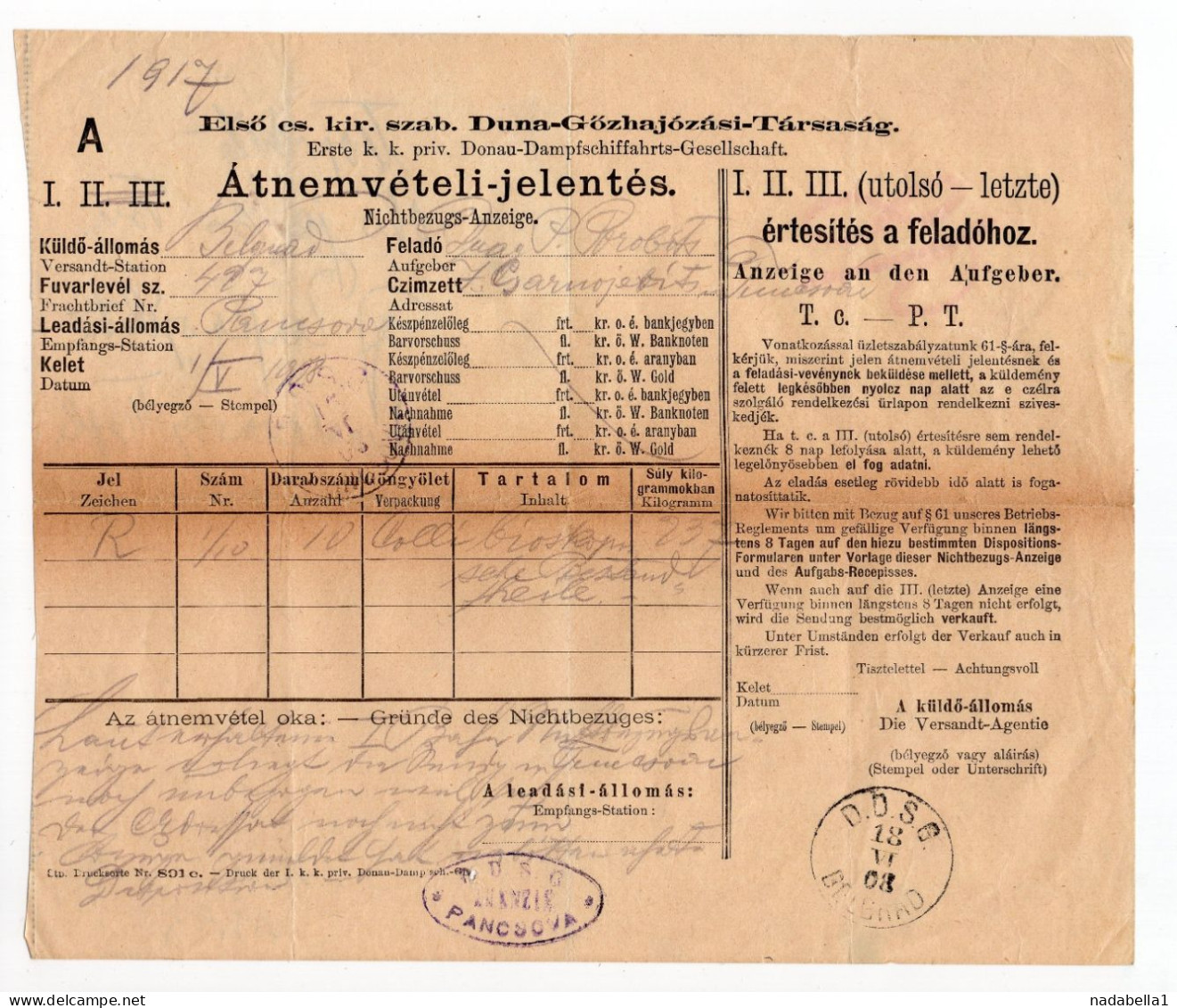 1908. BILL OF LADING,AUSTRIA,HUNGARY,SERBIA,BELGRADE TO PANCEVO,D.D.S.G. 18.06.1908. BELGRADE STAMP,SIGNET - Autriche