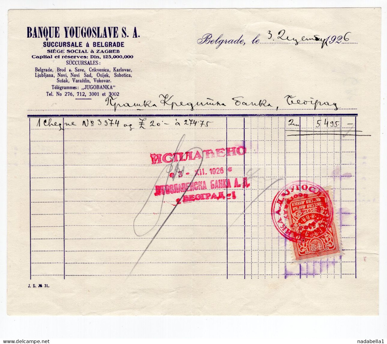 1926. KINGDOM OF SHS,SERBIA,LETTERHEAD,BANQUE YUGOSLAVE S.A. BELGRADE,RECEIPT,1 STATE REVENUE STAMP - Lettres & Documents