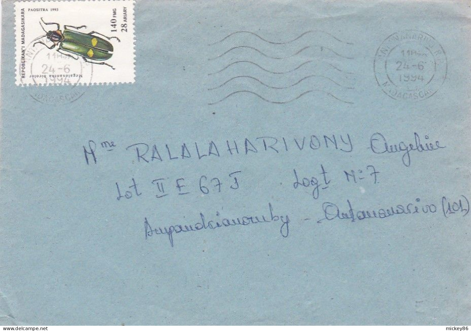 MADAGASCAR -1994--Lettre ANTANANARIVO  Timbre Insecte  Seul  Sur Lettre...cachet - Madagascar (1960-...)