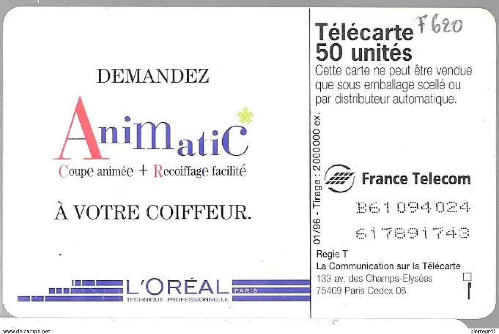 CARTE-PUBLIC-F620A-50U-GemB-01/96-ANIMATIC-UTILISE-TBE - 1996