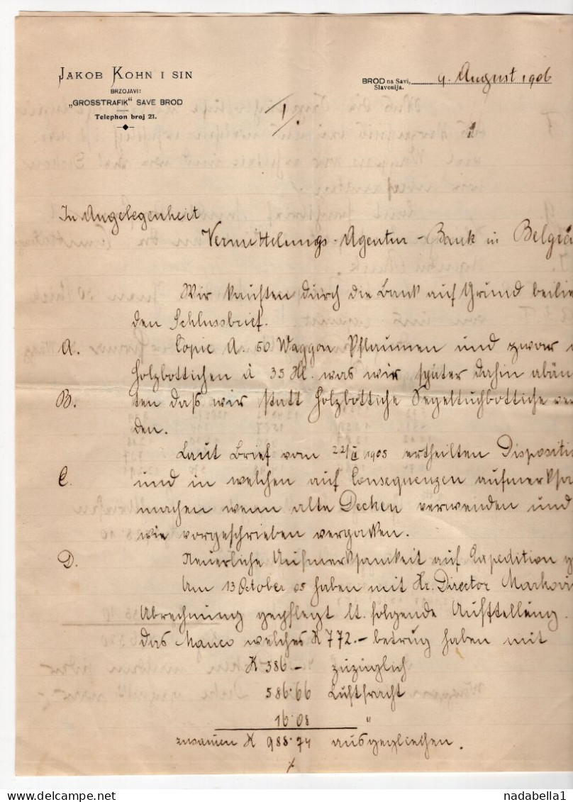 1906. AUSTRIA,CROATIA,BROD NA SAVI,SLAVONIA  TO BELGRADE,JAKOB KOHN & SON LETTERHEAD,JUDAICA,4 PAGES - Österreich