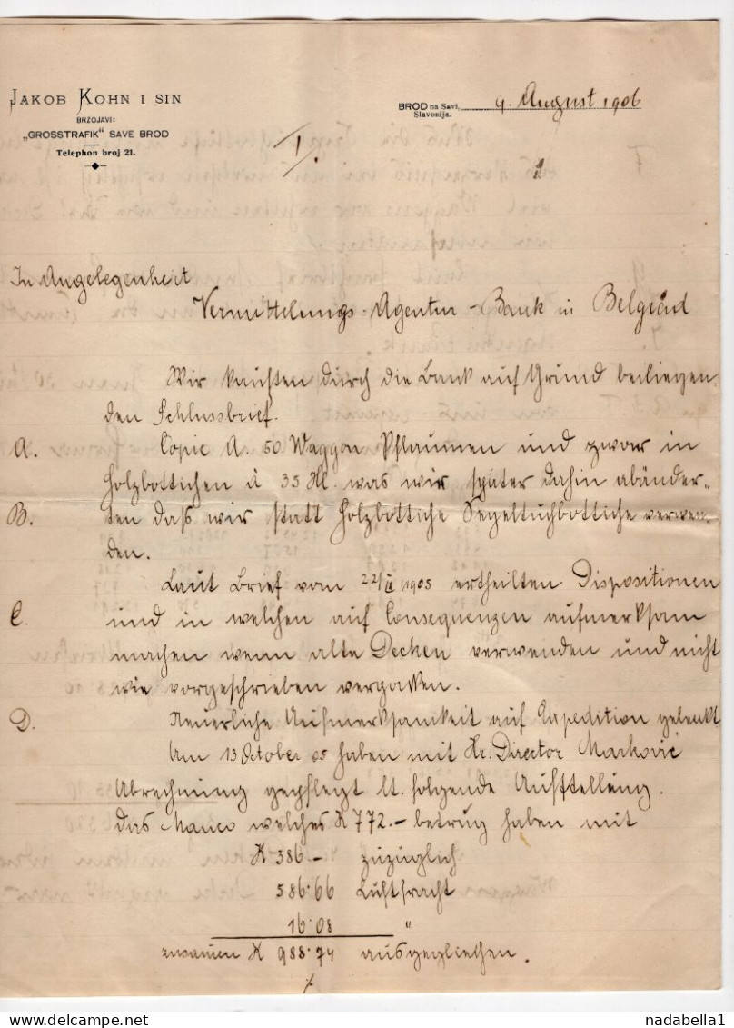 1906. AUSTRIA,CROATIA,BROD NA SAVI,SLAVONIA  TO BELGRADE,JAKOB KOHN & SON LETTERHEAD,JUDAICA,4 PAGES - Österreich