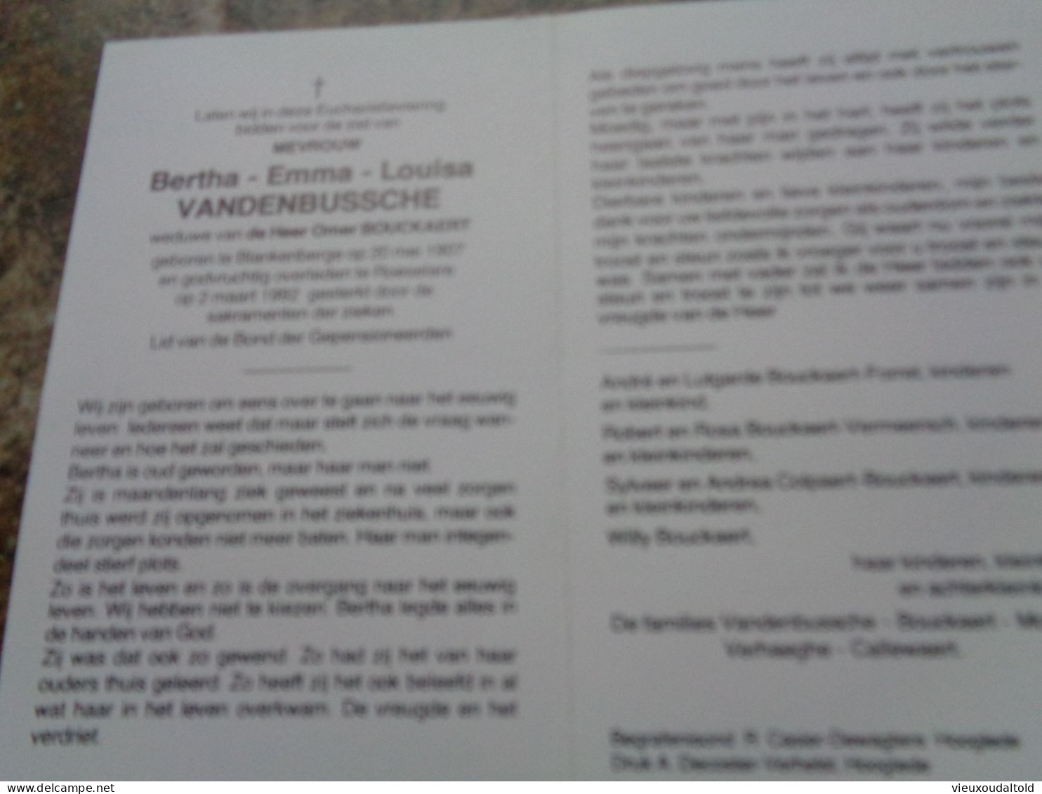 Doodsprentje/Bidprentje Bertha-Emma-Louisa VANDENBUSSCHE  Blankenberge 1907-1992 Roeselare (Wwe Omer BOUCKAERT) - Religion & Esotérisme