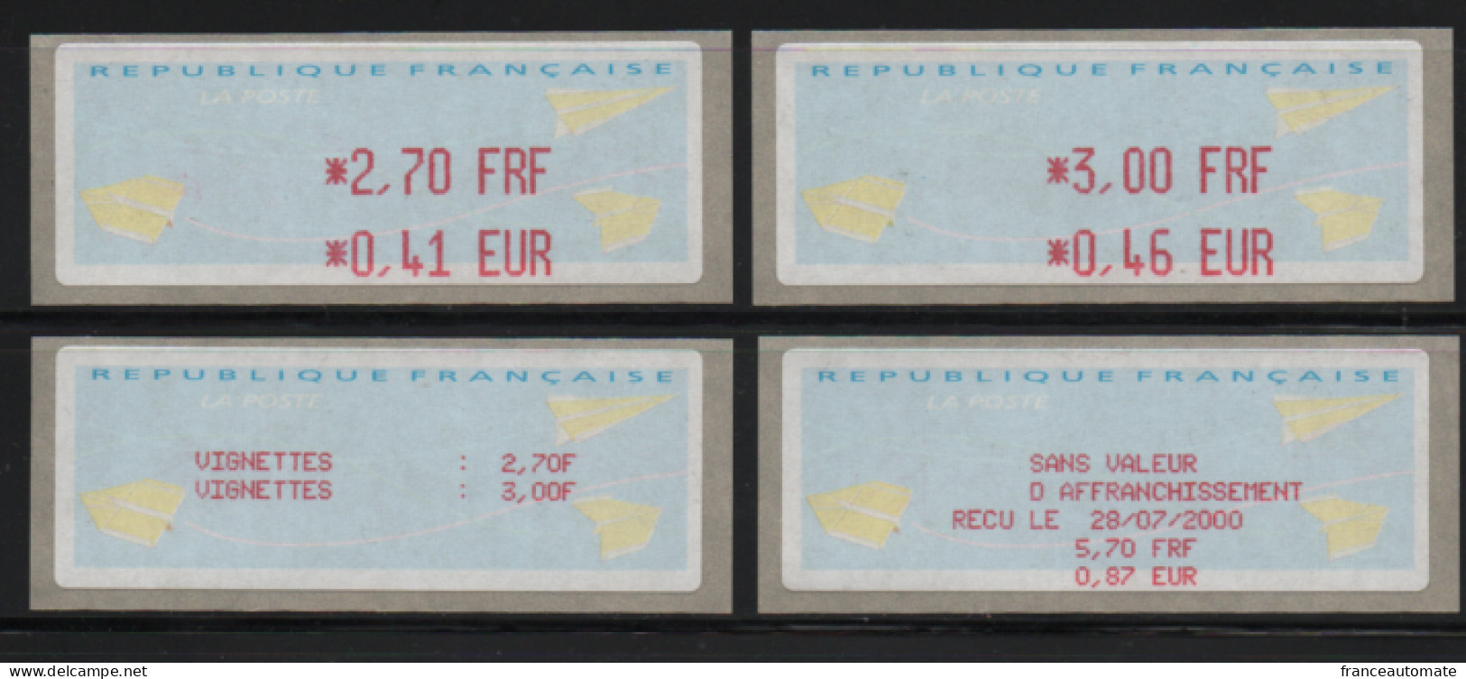 4 Atms, LISA1, 2.70FRF/0.41EUR, 3.00FRF/0.46EUR, ECRAN AU CHOIX, TARIFS Du 28/07/2000,reçu Et Liste En Langue FRANCAISE - 2000 « Avions En Papier »