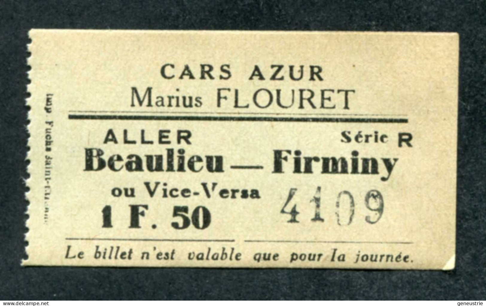Ticket De Bus -  Cars Azur Marius Flouret - Bassin Minier De La Loire - 1F50 Beaulieu - Firminy (Loire) - Europe