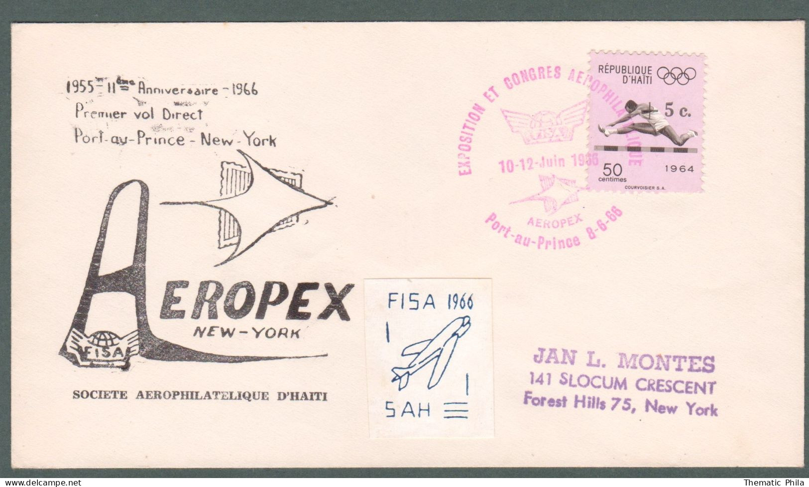 1966 HAITI Special Postmark AEROPEX 1r Vol Direct Port Au Prince -N.York Label Vignette FISA Aerophilately Olympic Games - Haïti