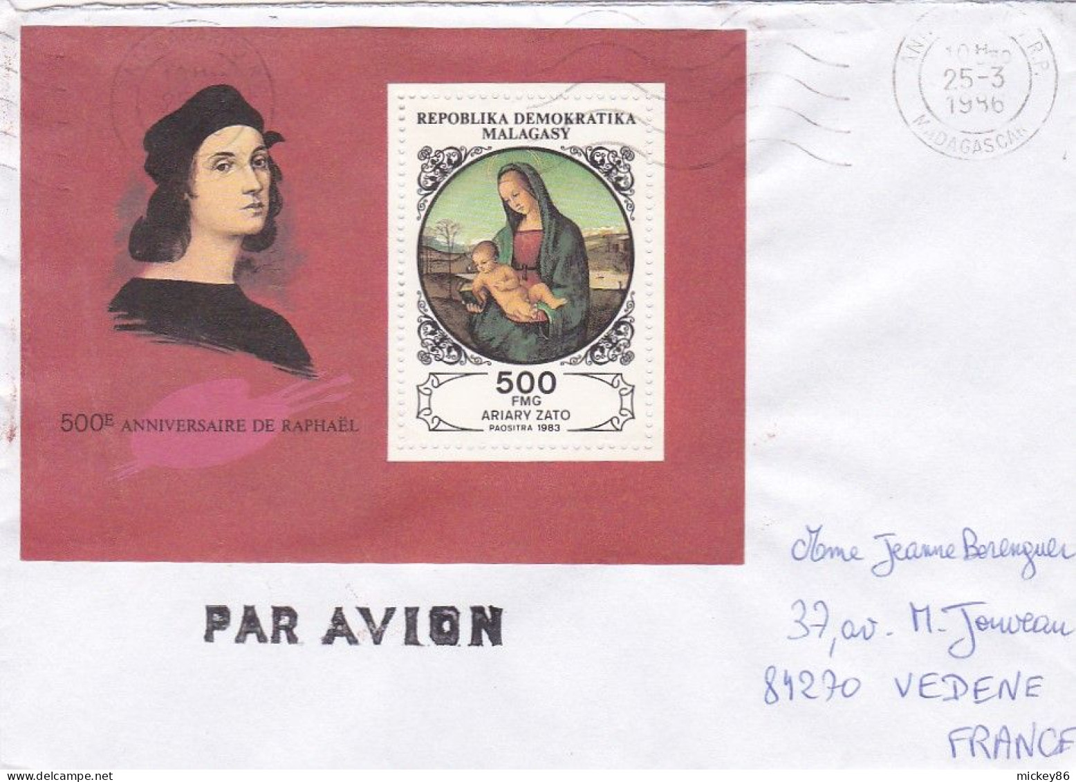 MADAGASCAR-1986-Lettre ANTANANARIVO Pour VEDENE-84 (France)  Timbre Feuillet Anniv Peintre  Raphael Seul Sur Lettre. - Madagascar (1960-...)