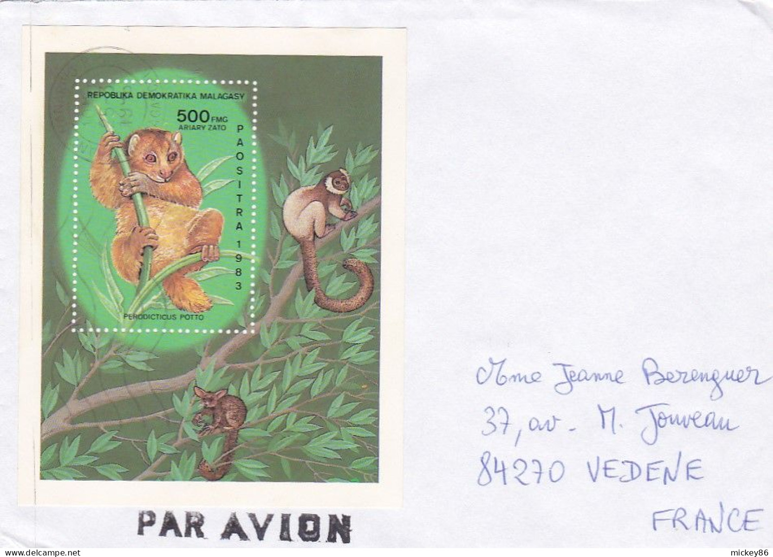 MADAGASCAR-1983--Lettre ANTANANARIVO Pour VEDENE-84 (France)  Timbre Feuillet " Animal " Seul Sur Lettre......cachet - Madagascar (1960-...)