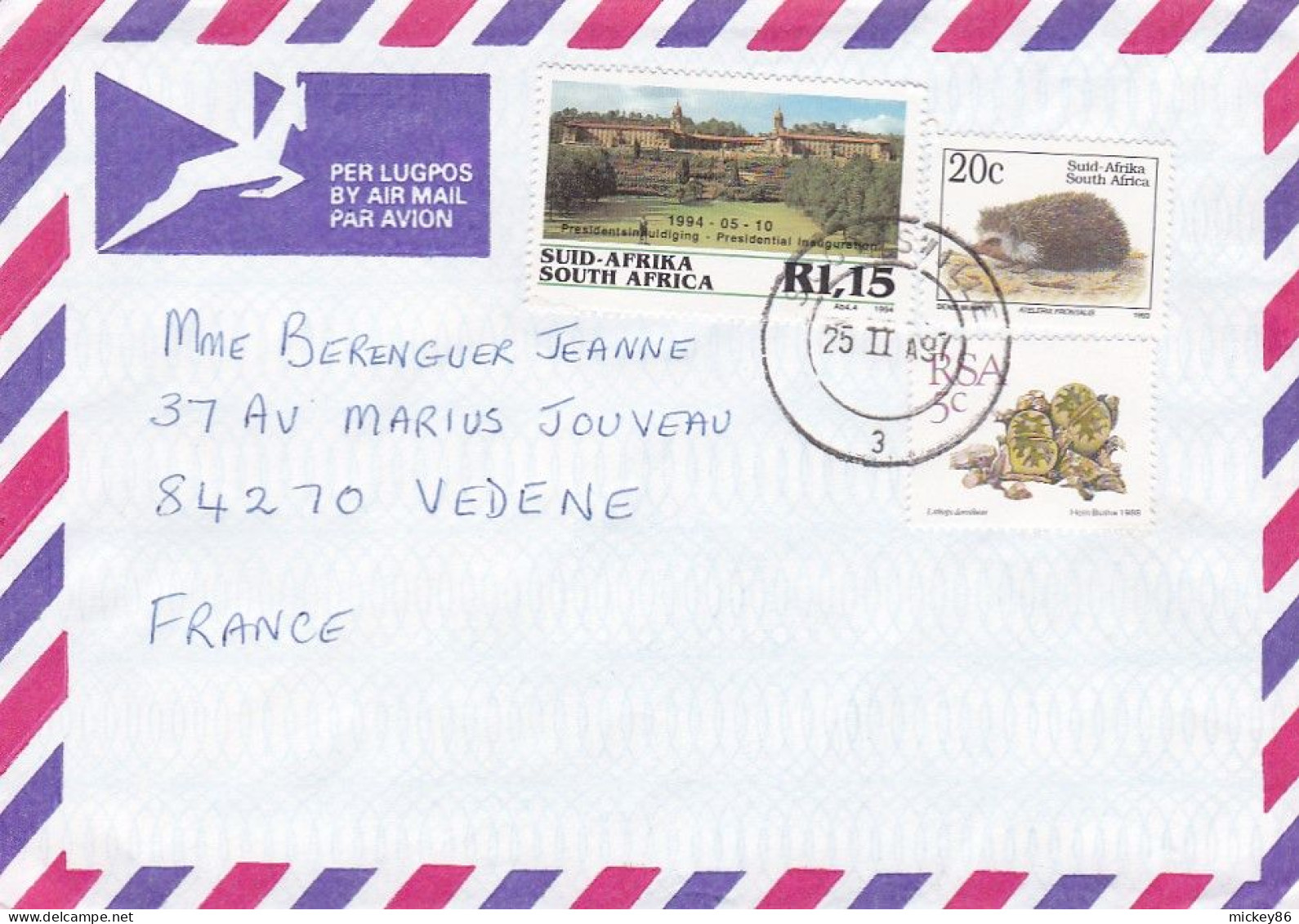 AFRIQUE DU SUD -1997--Lettre SCOTTSVILLE Pour VEDENE-84 (France) Timbres Divers (hérisson-inauguration Présidentielle) - Covers & Documents