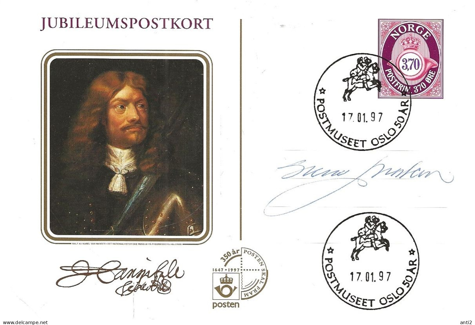 Norway 1997 Jubileum Card With Painting, Imprinted Posthorn NOK 3.70  - Cancelled Postmuseet 17.01.97 - Brieven En Documenten