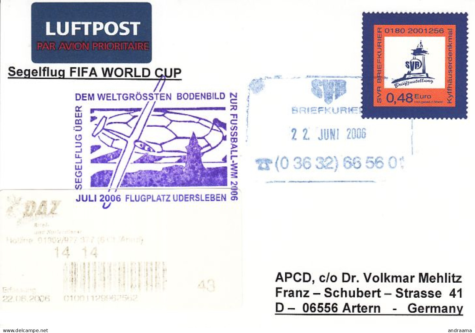 [dx34c] Sonderflugpost - Segelflug - Fussball WM 2006 - SVR - Privatpost 01.07.2006 - 2006 – Alemania