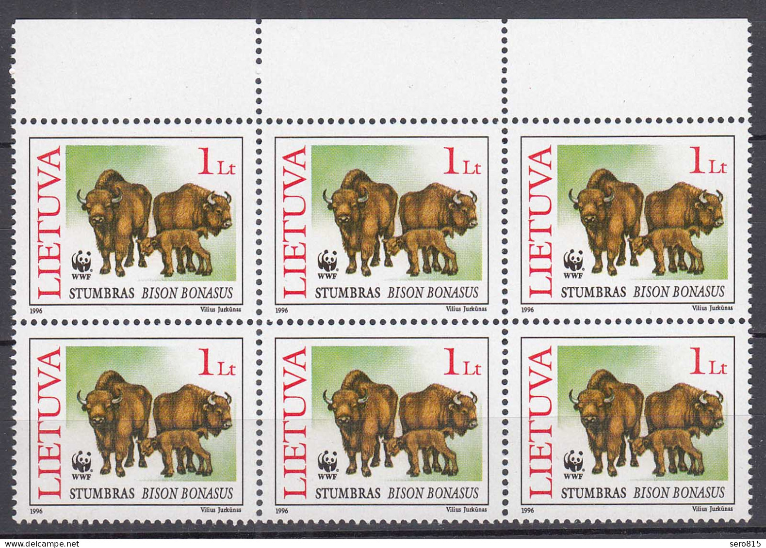 Litauen - Lithuania Mi 602 WWF 1996 Bison 6er Block ** MNH    (31253 - Lituanie