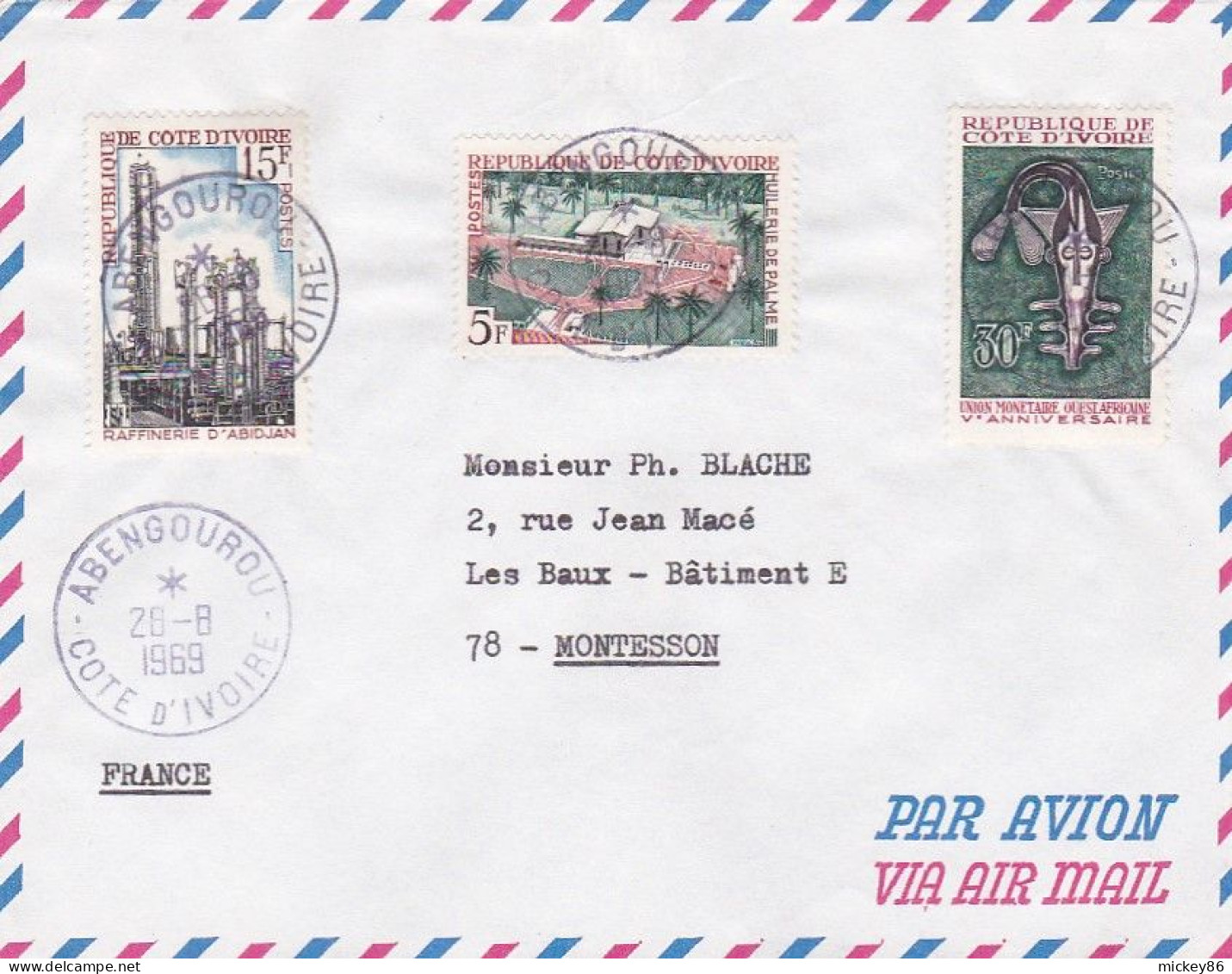 Côte D'Ivoire -1969--Lettre De ABENGOUROU Pour MONTESSON-78 (France) Timbres Divers Sur Lettre....cachet - Côte D'Ivoire (1960-...)