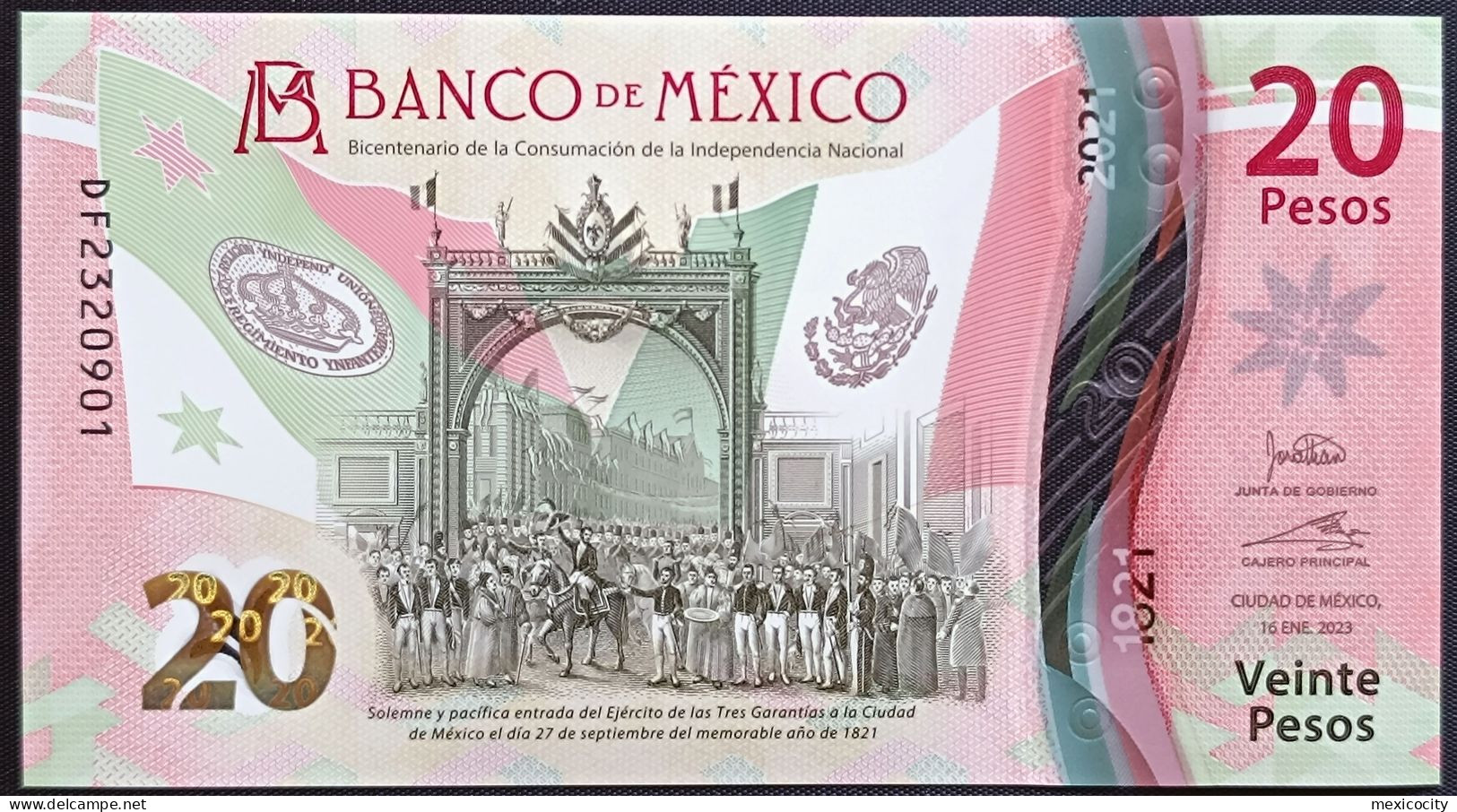 MEXICO $20 ! SERIES DF NEW 16-JAN-2023 DATE ! Jonathan Heat Sign. INDEPENDENCE POLYMER NOTE Read Descr. For Notes - Mexique