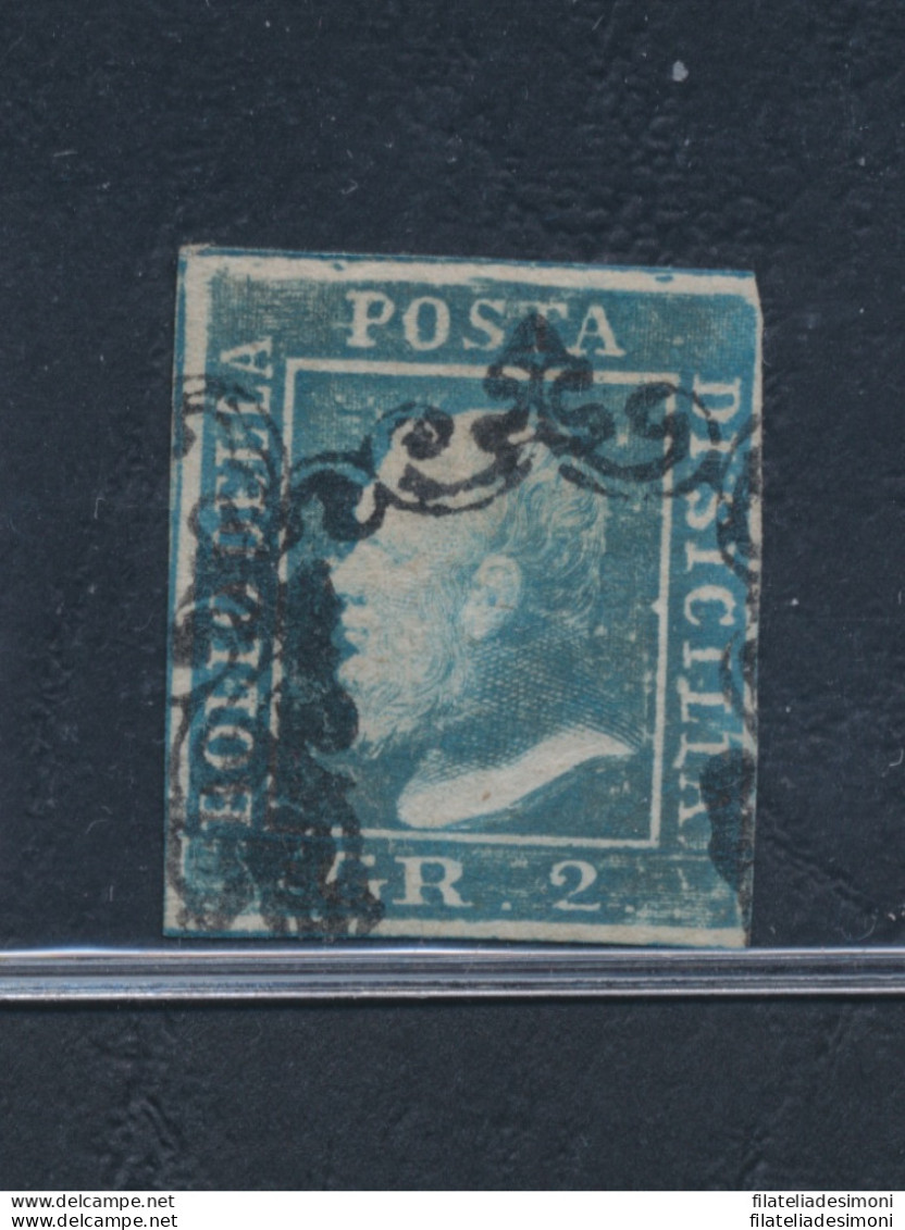 1859 SICILIA, N° 6 - 2 Grana Azzurro, I Tavola , Ritocco N° 8 Azzurro USATO - - Sicilië