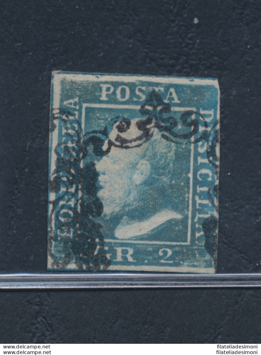 1859 SICILIA, N° 6 - 2 Grana Azzurro, I Tavola , Ritocco N° 8 Azzurro USATO - - Sicily