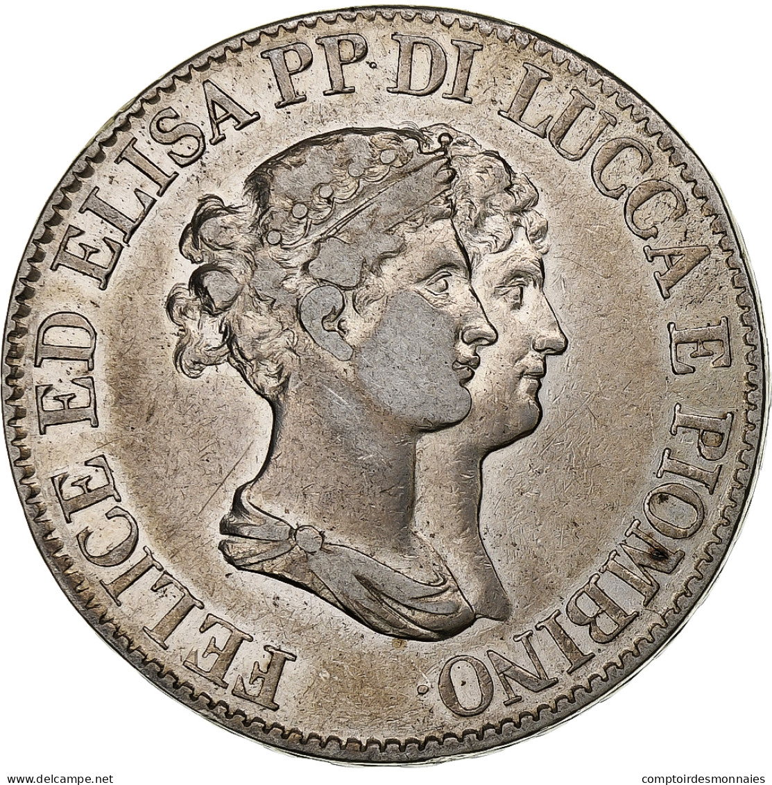 République De Lucques, Felix Et Elisa, 5 Franchi, 1807, Florence, Argent, TB+ - Napoleontisch