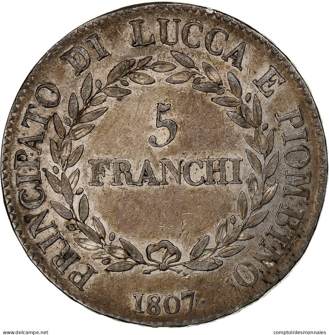 République De Lucques, Felix Et Elisa, 5 Franchi, 1807, Florence, Argent, TB+ - Napoleónicas