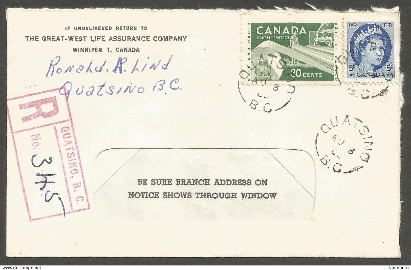 1960 Registered Cover 25c Paper/Wilding Split Ring Quatsino BC - Histoire Postale