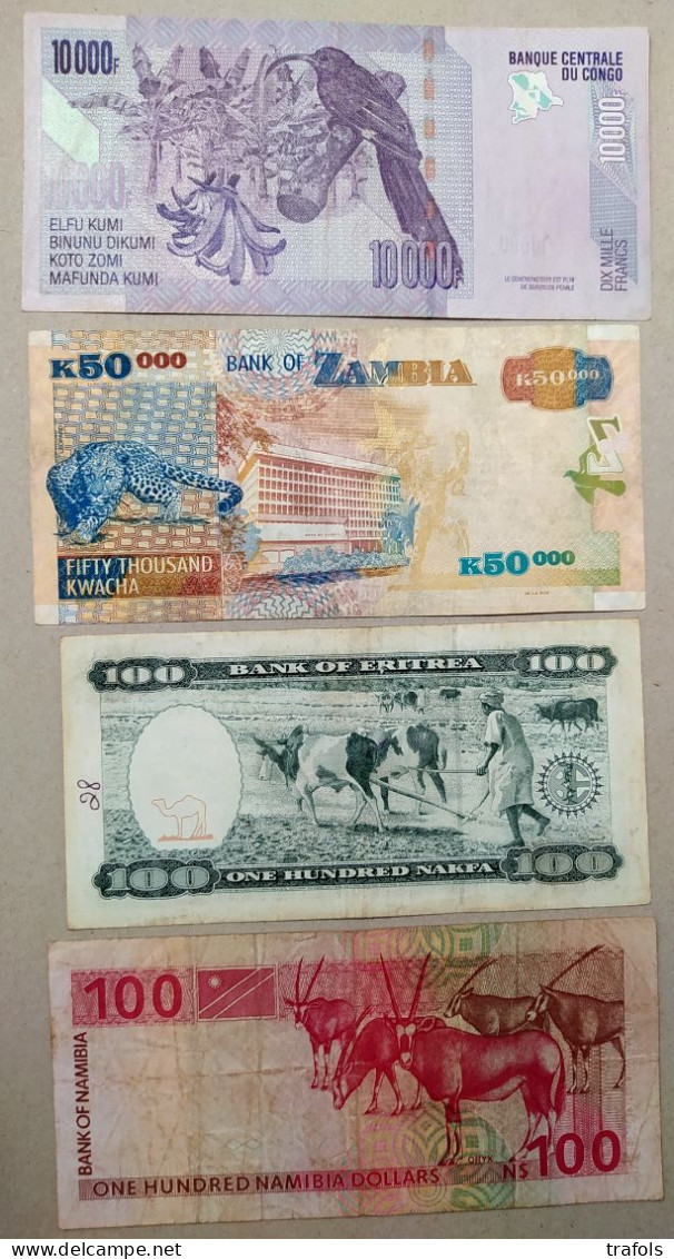 Africa High Values -Congo 10000 Francs P103, Zambia 50000 Kwacha P48, Eritrea 100 Nakfa 1997 P6, Namibia 100 Dollars P3! - Namibië