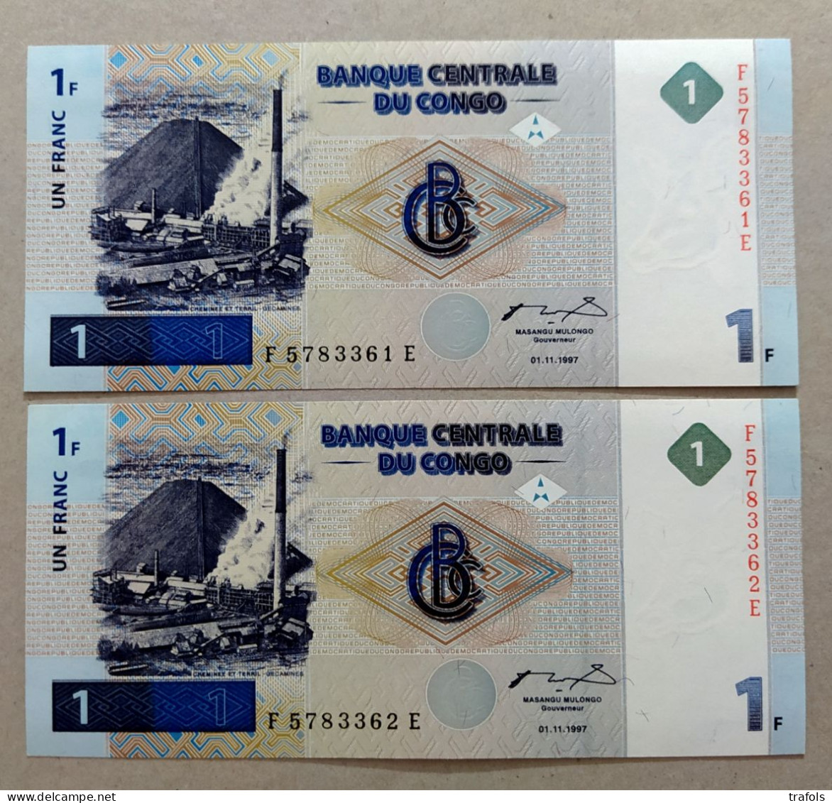 Congo - Lot 2 X 1 Franc 1997 Sequential Serial From Bundle - P. 85 XF+/UNC Conditions - Very Rare Consecutive Pair!!!! - Democratic Republic Of The Congo & Zaire