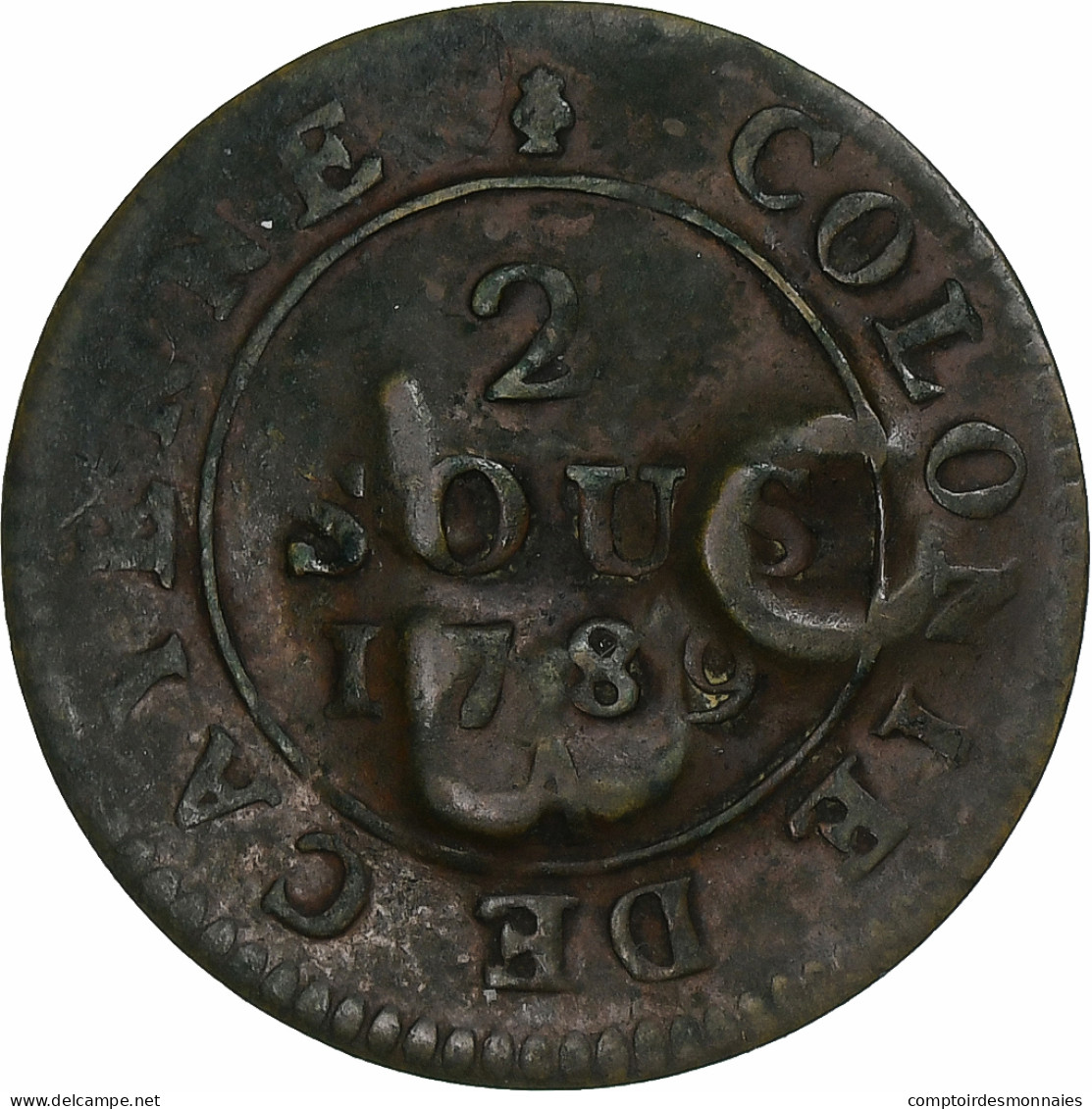 Trinité-et-Tobago, 2 Sous, 1789, Paris, Contremarquée TBO, Billon, TTB, KM:6 - Trinidad & Tobago