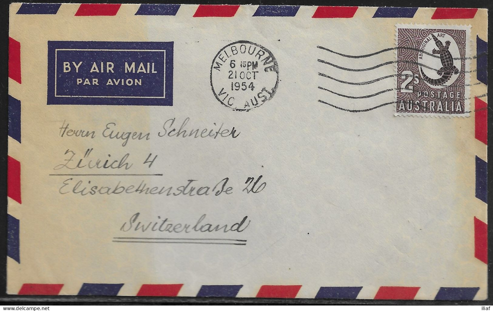 Australia.   Stamp Mi. 212 On Air Mail Letter, Sent From Melbourne On 21.10.1954 To Switzerland - Cartas & Documentos