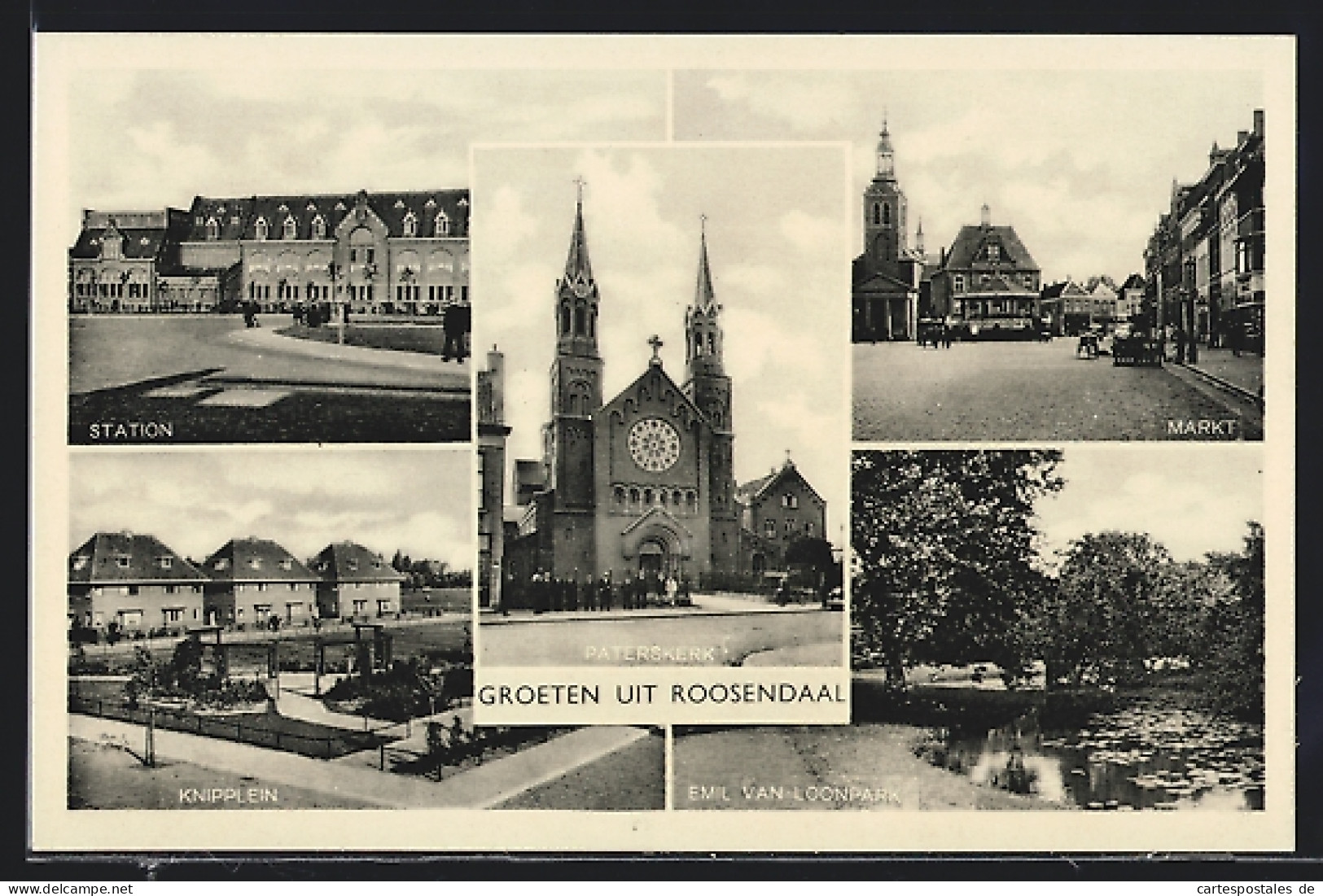 AK Roosendaal, Station, Markt, Knipplein, Emil Van Loonpark, Paterskerk  - Roosendaal