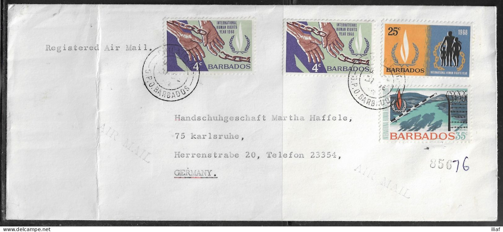 Barbados.   Stamp Sc. 309-311 On Air Mail Registered Letter, Sent From Barbados On 31.12.1968 To Germany - Barbados (1966-...)