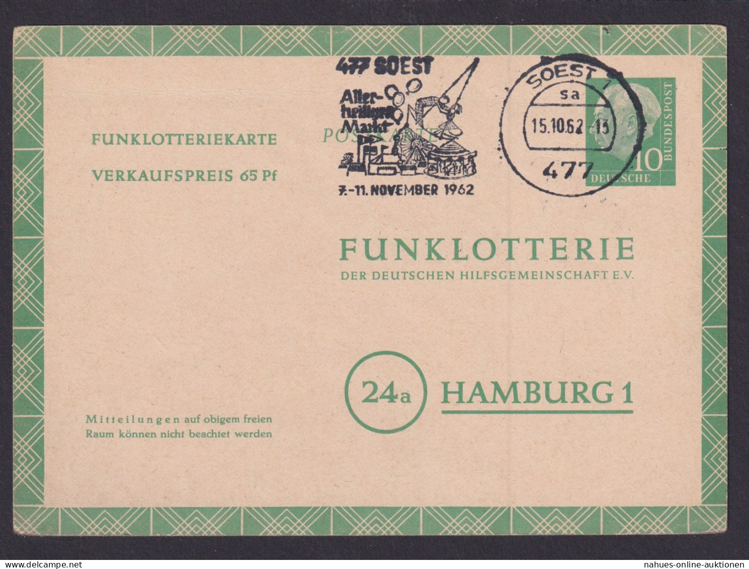 Bund Ganzsache Funklotteriekarte Toller SST Soest Allerheiligenmarkt Hamburg - Postales - Usados