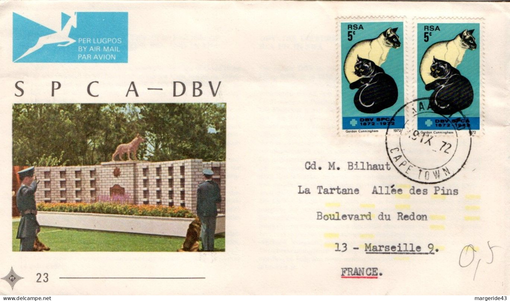 AFRIQUE DU SUD AFFRANCHISSEMENT COMPOSE SUR LETTRE  POUR LA FRANCE 1972 - Storia Postale