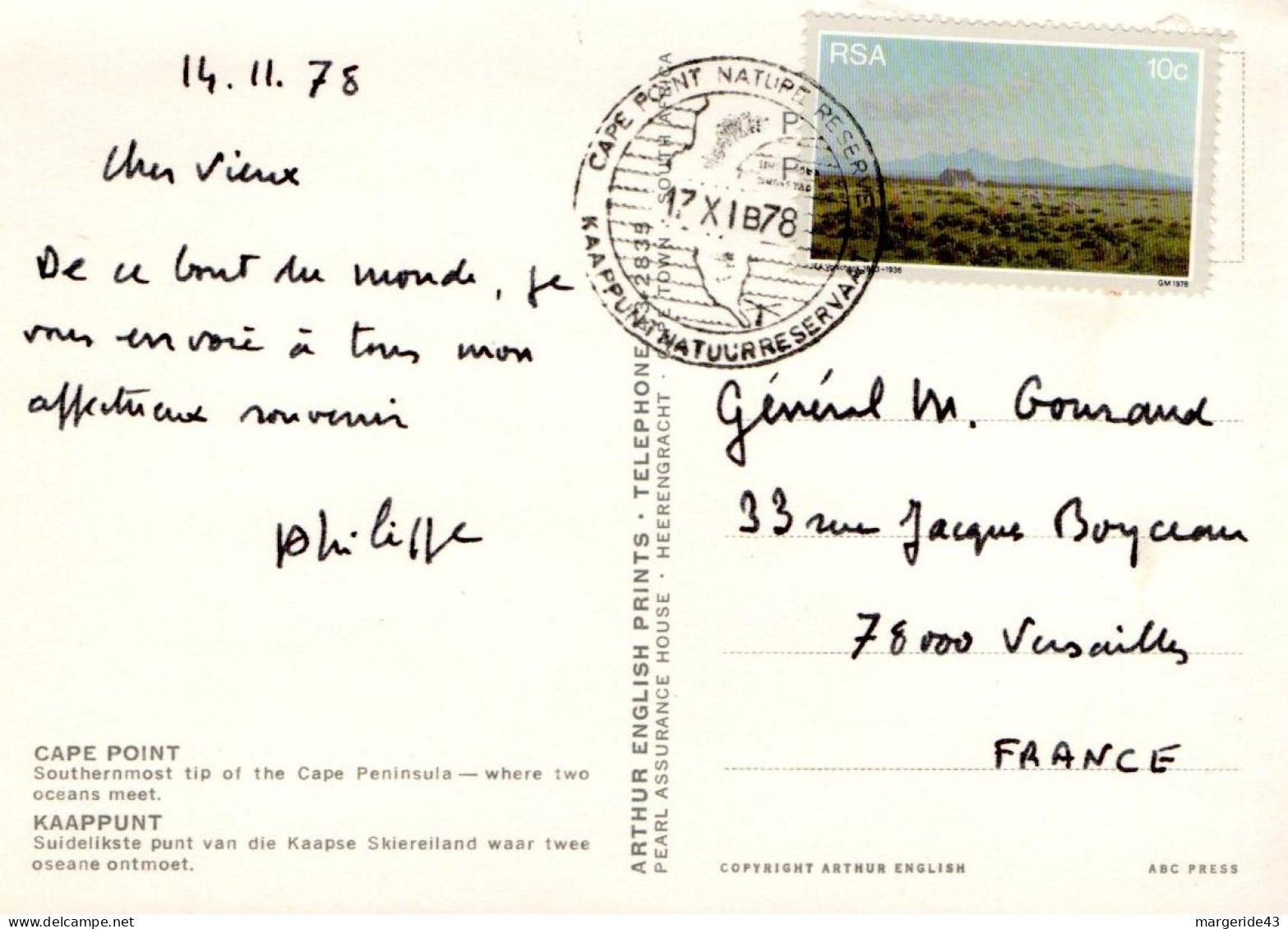 AFRIQUE DU SUD CARTE RESERVE DE CAPE POINT POUR LA FRANCE 1978 - Covers & Documents