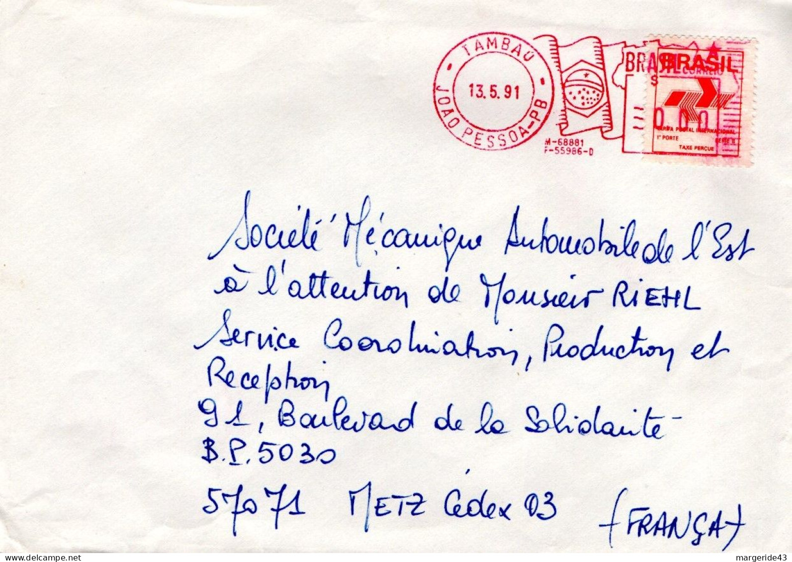 BRESIL TP + EMA SUR LETTRE POUR LA FRANCE 1991 - Brieven En Documenten