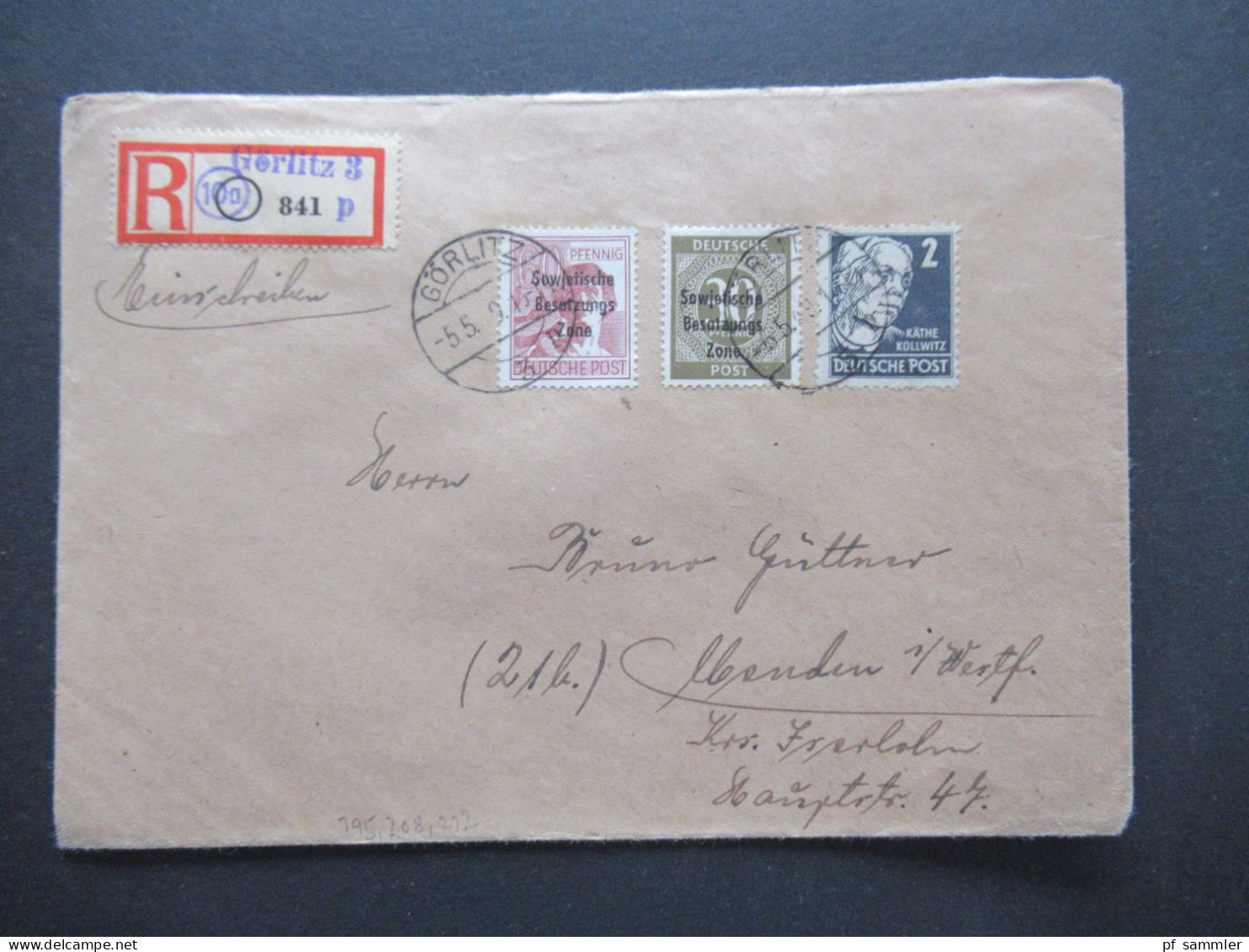 SBZ 5.1949 Köpfe Nr.212 MiF Marken Mit Aufdruck Einschreiben Not R-Zettel Görlitz 3 - Menden In Westfalen Mit Ank Stp. - Covers & Documents