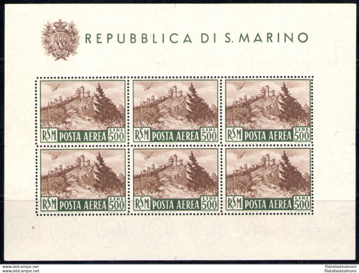 1951 SAN MARINO, Foglietto Veduta 500 Lire Bruno, N° 12 - Splendido Senza Piegh - Blocs-feuillets