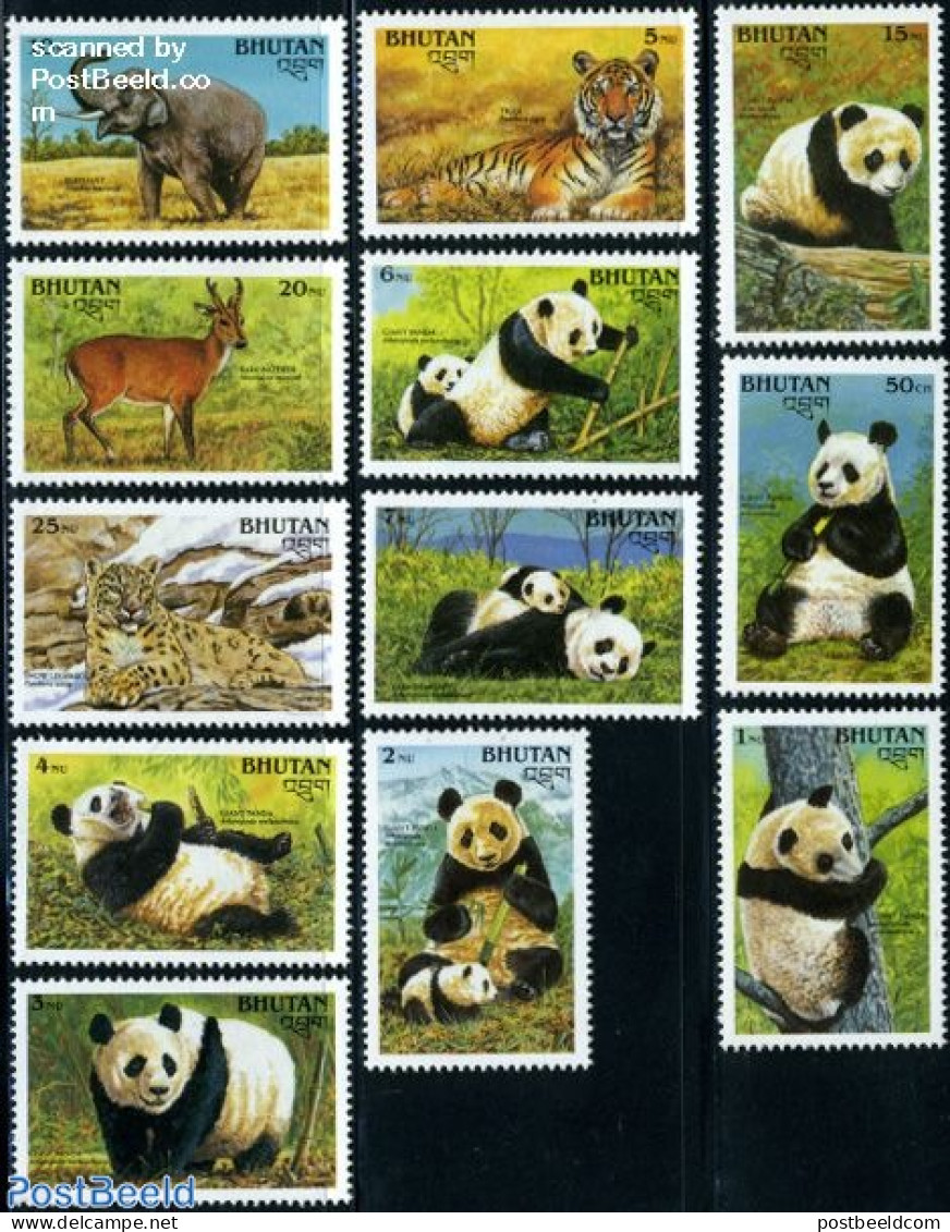 Bhutan 1990 Endangered Animals 12v, Mint NH, Nature - Animals (others & Mixed) - Cat Family - Elephants - Pandas - Bhutan