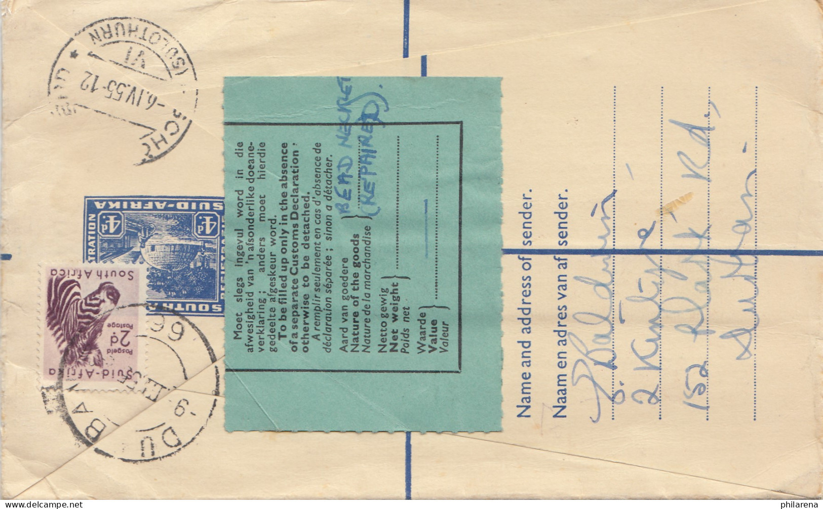 South Africa 1955: Registered Letter Durban To Wöschnau/Switzerland, Customs - Autres & Non Classés