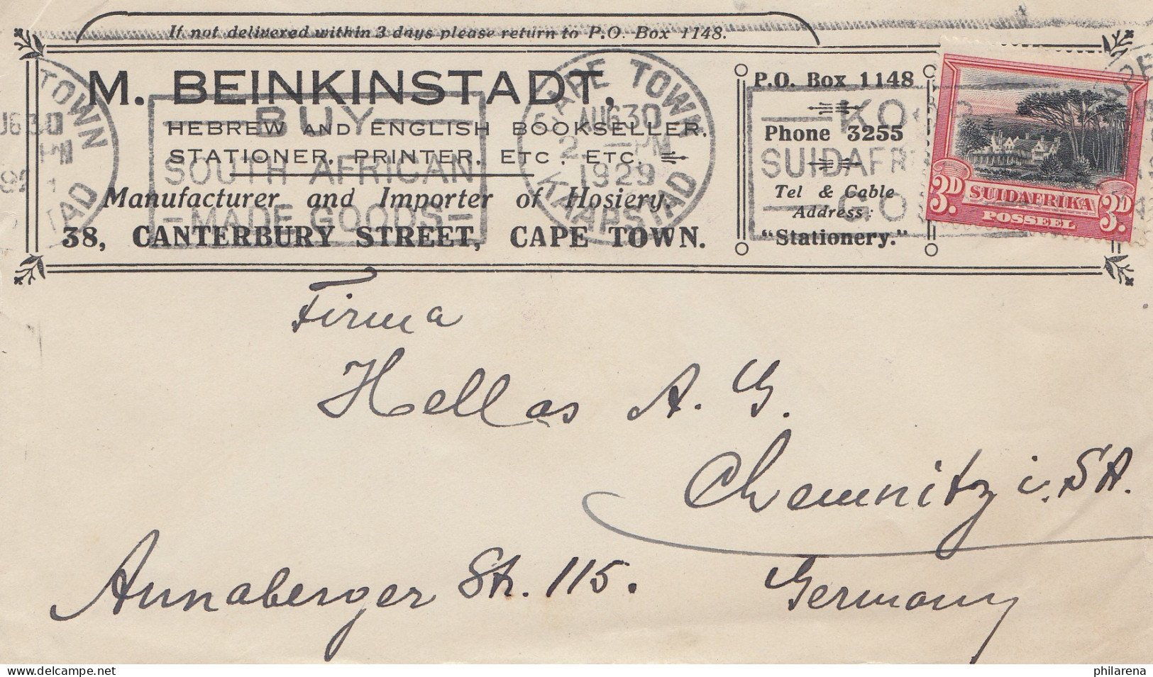 South Africa 1929: Cape Town To Chemnitz, Gold Medal On The Back - Autres & Non Classés