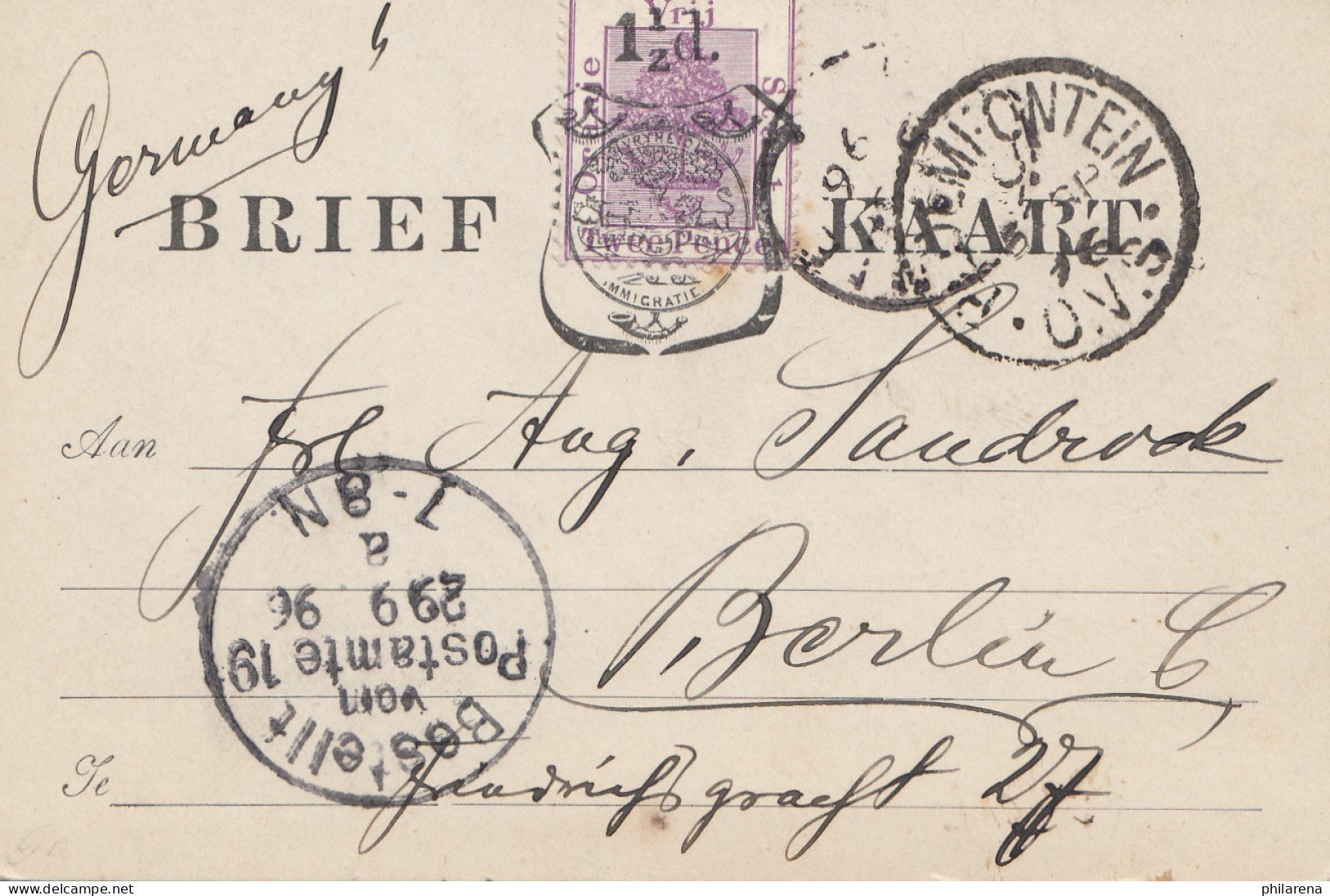 South Africa: 1896: Post Card To Berlin - Autres & Non Classés