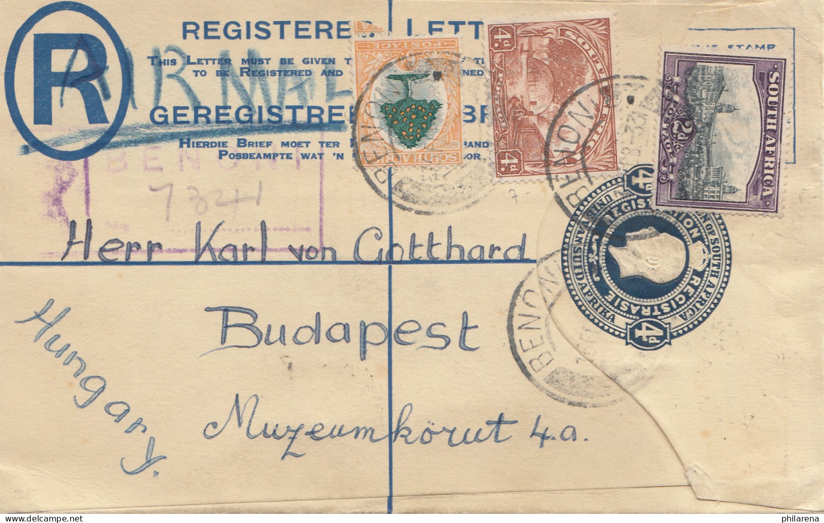 South Africa 1920: Registered Benoni To Budapest - Autres & Non Classés